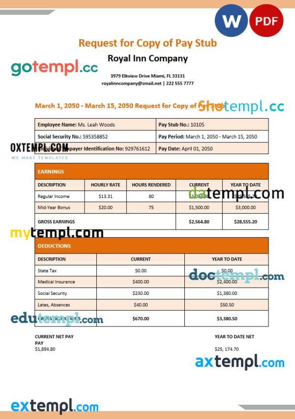 Royal Inn company pay stub template in PDF and Word formats