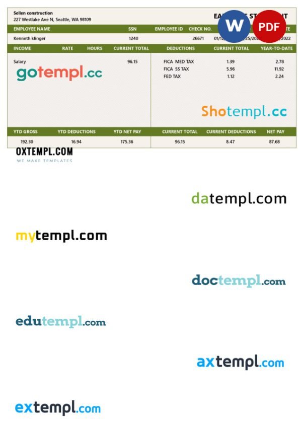 SELLEN CONSTRUCTION earnings statement template in PDF and Word formats