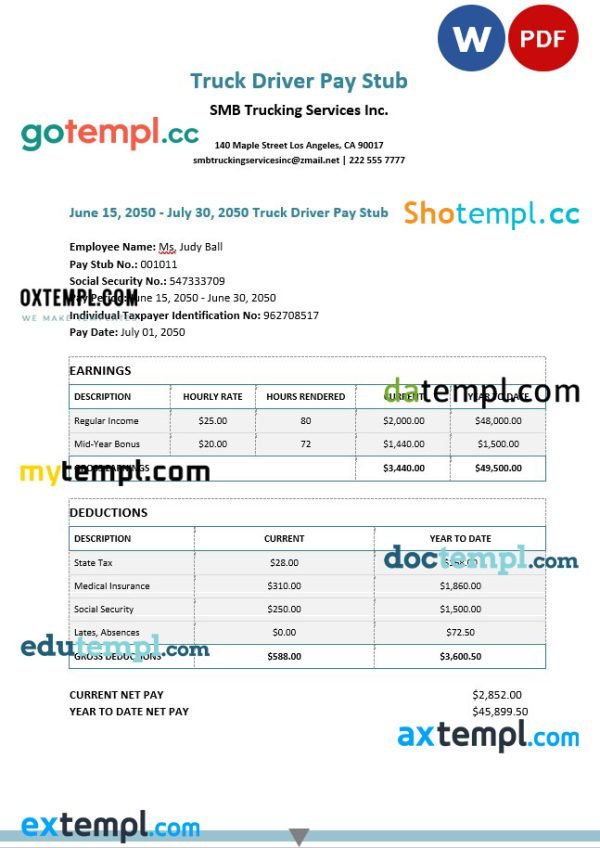 SMB trucking services Inc. pay stub in PDF and Word formats