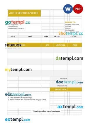 Sample Auto Repair Invoice template in Word format