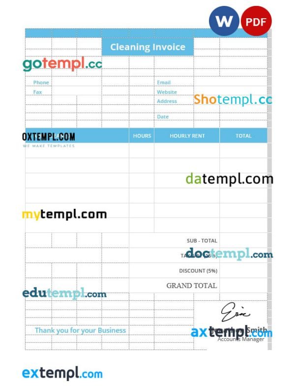 Sample Cleaning Invoice template in word and pdf format