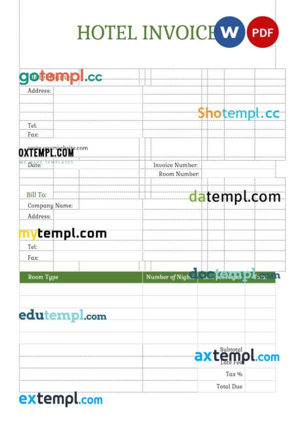 Sample Hotel Invoice template in word and pdf format