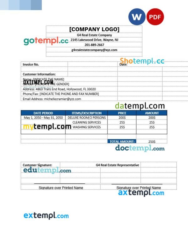 Sample Real Estate Invoice template in word and pdf format