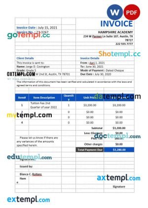 School Tuition Invoice template in word and pdf format