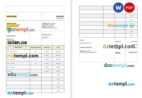 Service Tax Calculation Invoice template in word and pdf format