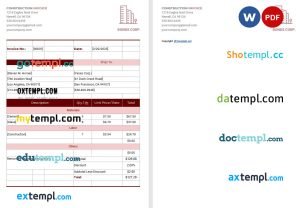 Simple Construction Invoice template in word and pdf format