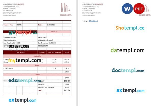 Simple Construction Invoice template in word and pdf format