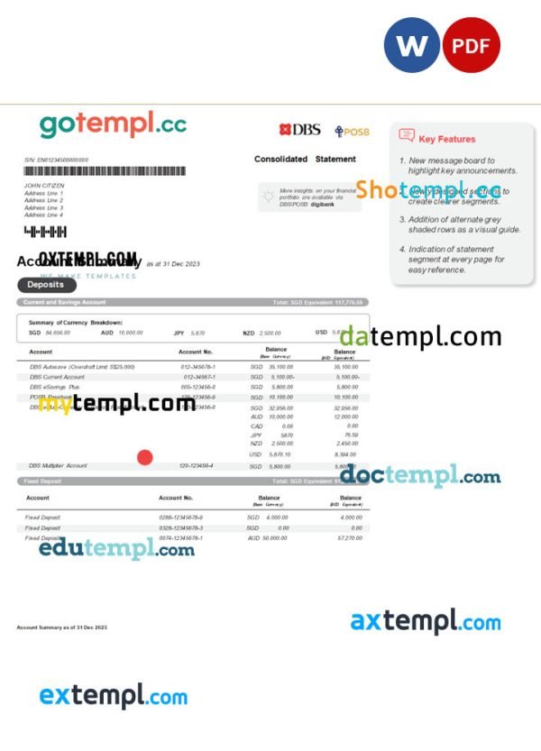 Singapore DBS bank statement Word and PDF template, version 2