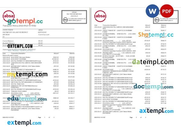 South Africa ABSA bank statement Word and PDF template, 3 pages