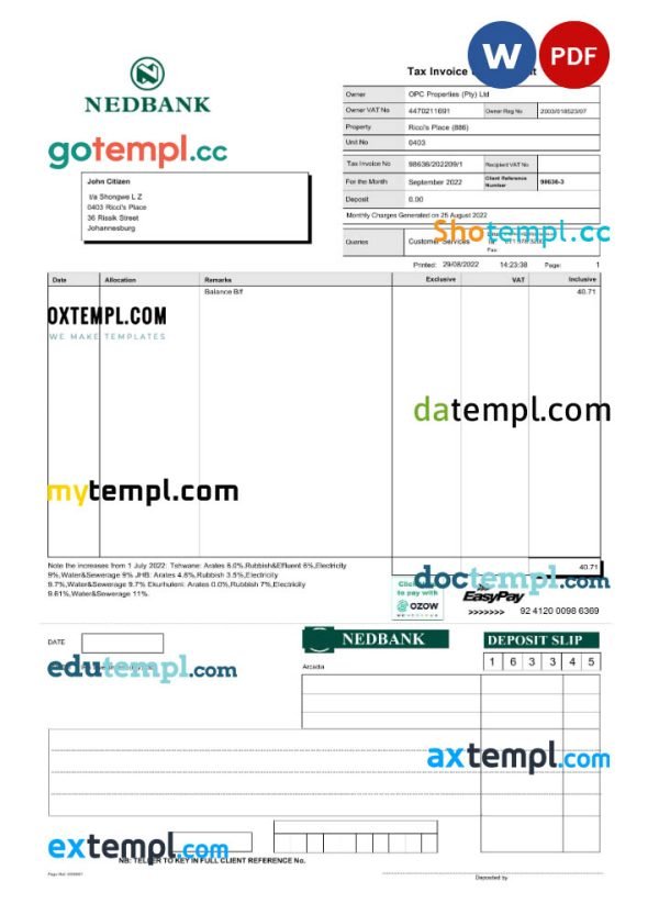 South Africa Nedbank statement Word and PDF template