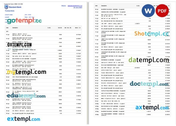 South Africa Standard Bank statement Word and PDF format