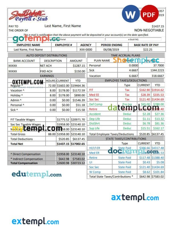 South Dakota payroll e-stub Word and PDF template