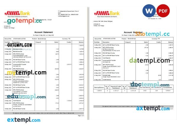 Spain JMMB bank statement Word and PDF template, 2 pages