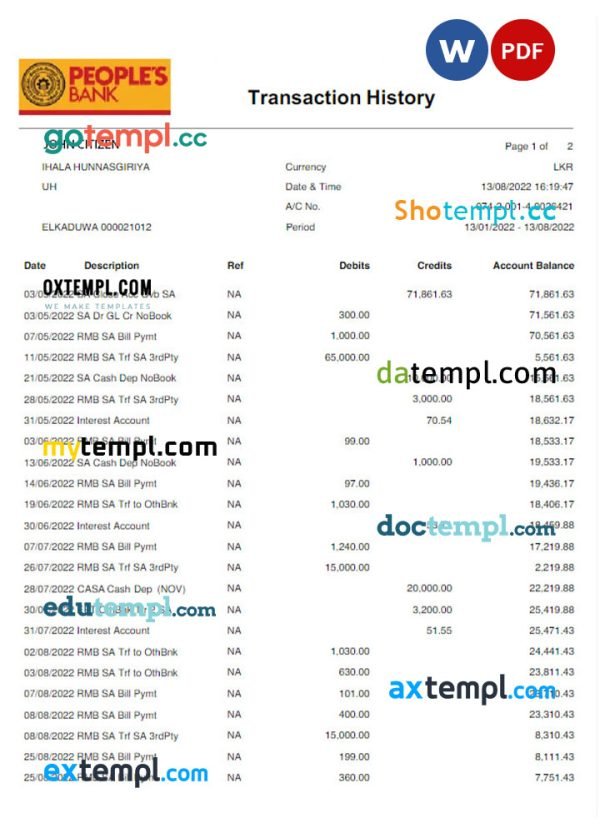 SRI LANKA PEOPLE’S BANK statement Word and PDF template