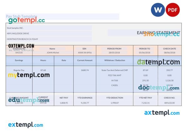 Stub Samples INC earnings statement Word and PDF template