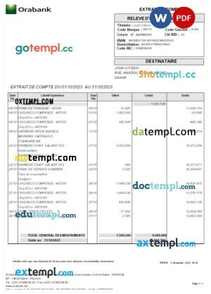 Togo Orabank statement Word and PDF template