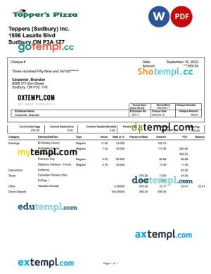 Topper’s Pizza pay stub Word and PDF template