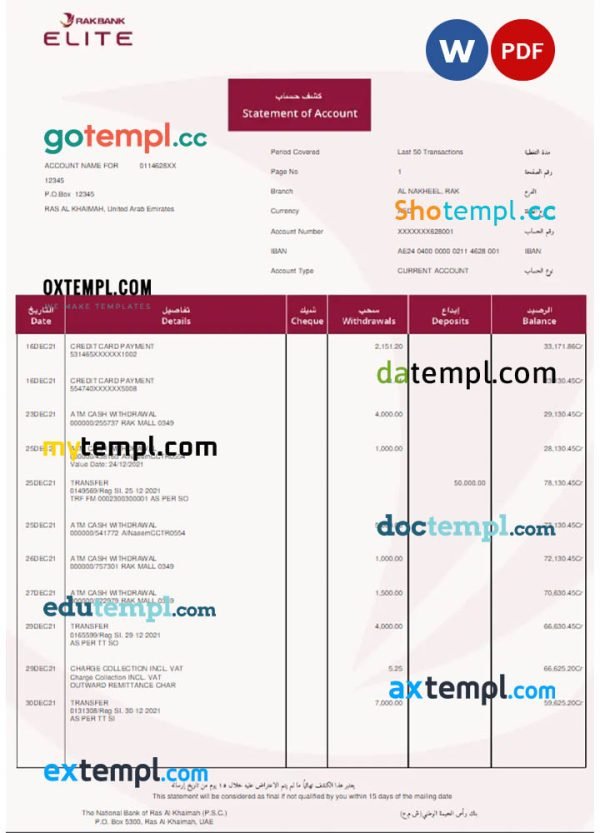 UAE Rakbank Elite bank statement Word and PDF template