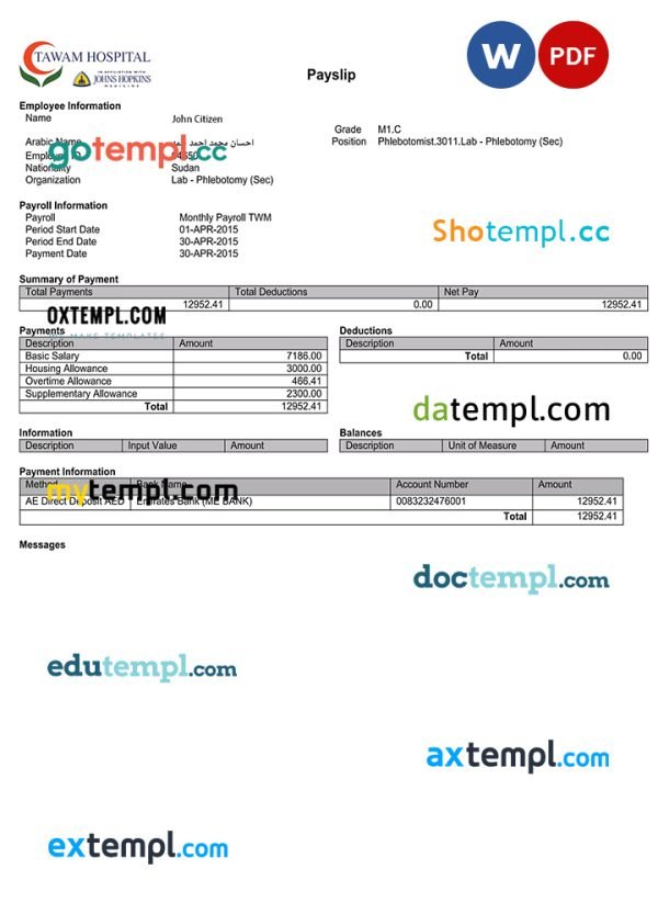 UAE Tawam hospital payslip template in Word and PDF formats