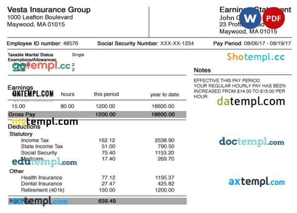 USA ALABAMA Vesta Insurance Group earning statement template in Word and PDF formats