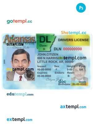 USA Arkansas driving license template in PSD format (front), version 2