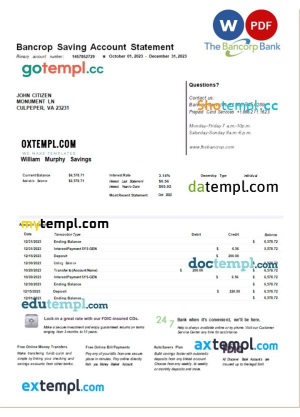 USA Bancorp bank statement Word and PDF template