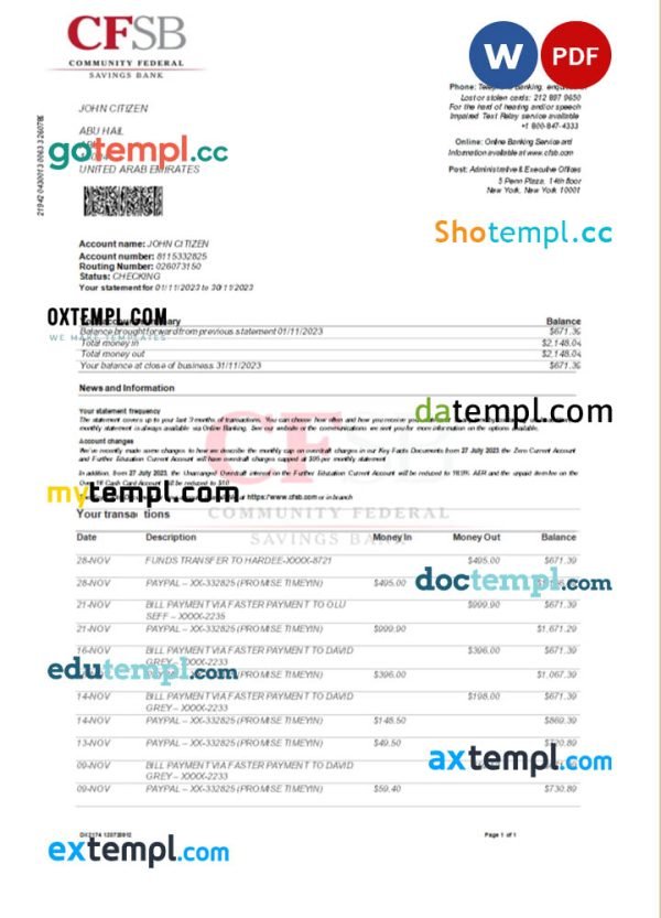 USA CFSB bank statement Word and PDF template