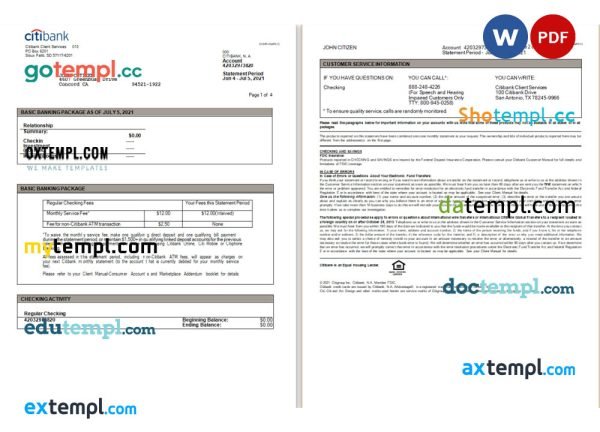 USA Citibank statement Word and PDF template, 3 pages