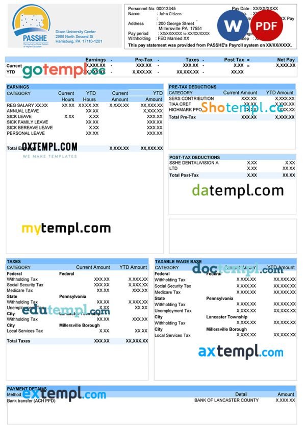 USA DIXON University center paystub template in Word and PDF formats