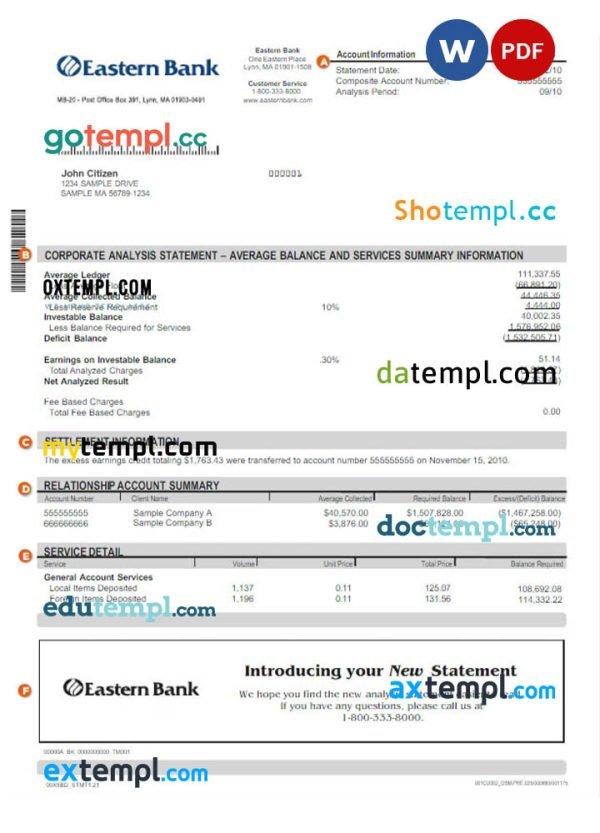 USA EASTERN BANK statement Word and PDF template