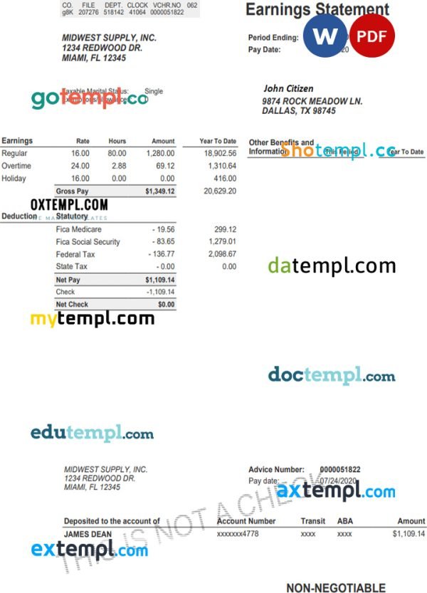 USA MIDWEST supply inc earning statement template in Word and PDF formats