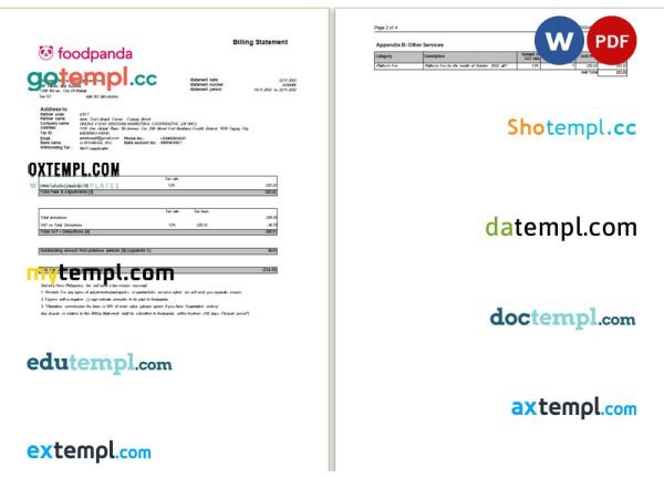 USA New York Foodpanda billing statement Word and PDF template, 4 pages