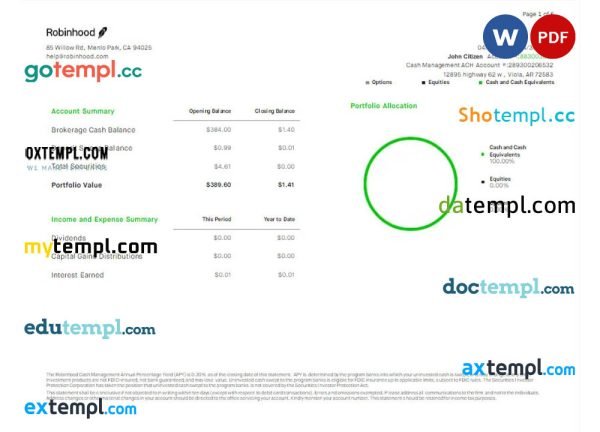 USA ROBINHOOD bank statement Word and PDF template