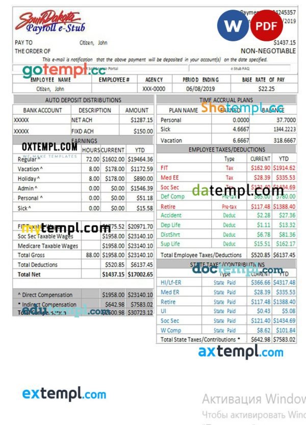 USA South Dakota payroll e-stub pay stub template in word and PDF format