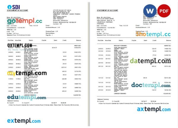 USA State Bank of India bank statement Word and PDF template, 3 pages