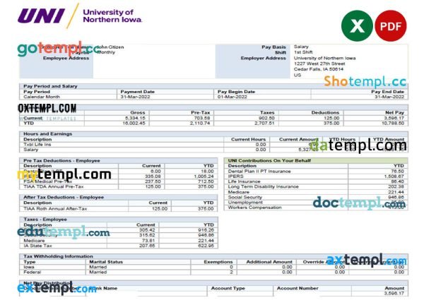 USA UNIVERSITY of Northern Iowa paystub template in Excel and PDF formats