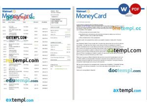 USA Walmart MoneyCard bank statement Word and PDF, 2 pages