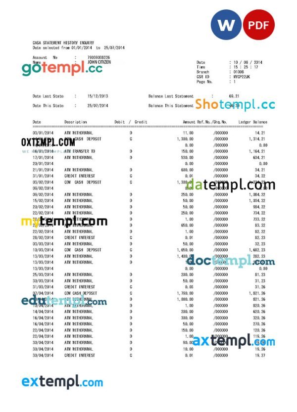 USA WASHINGTON bank statement Word and PDF template