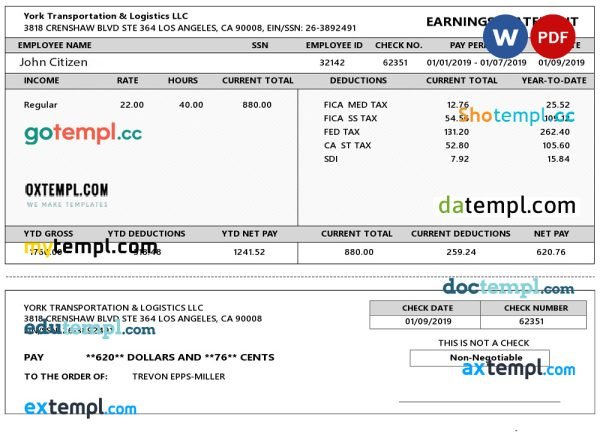 USA YORK Transportation & Logistics LLC earnings statement template in Word and PDF formats