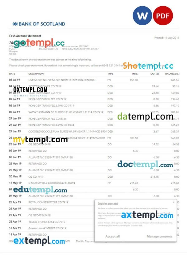 UNITED KINGDOM BANK OF SCOTLAND statement Word and PDF template