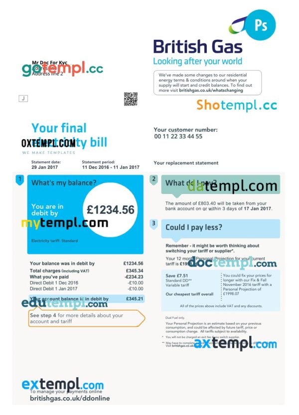 United Kingdom British Gas utility bill PSD template