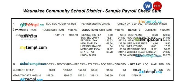 Waunakee Community School District payroll check stub Word and PDF template