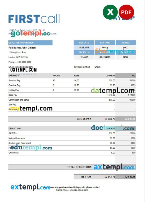 call forwarding company paystub template in Excel and PDF formats