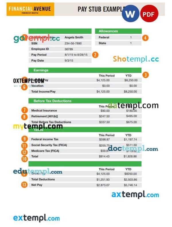 Financial avenue pay stub Word and PDF template