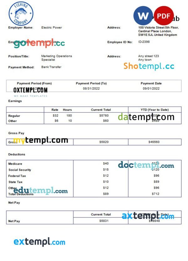 fishing company payroll template in Word and PDF formats