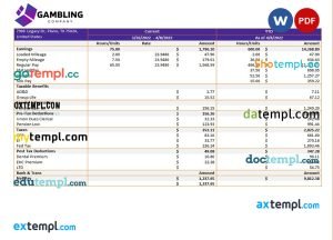gambling company pay stub template in Word and PDF formats