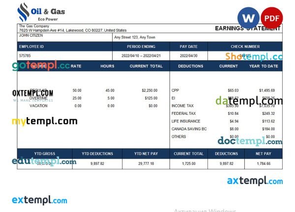 gas corporation payroll template in Word and PDF formats