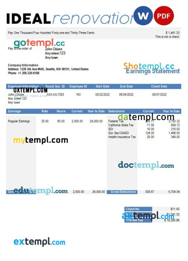 home renovation company paystub template in Word and PDF formats