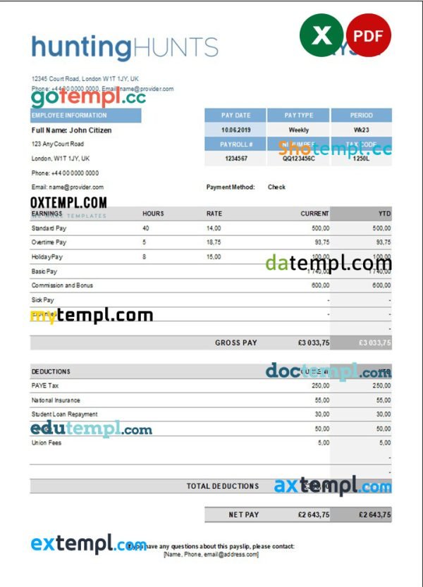 hunting company paystub template in Excel and PDF formats