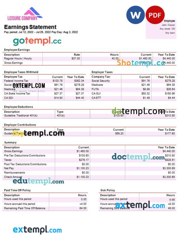 leisure company payroll template in Word and PDF formats